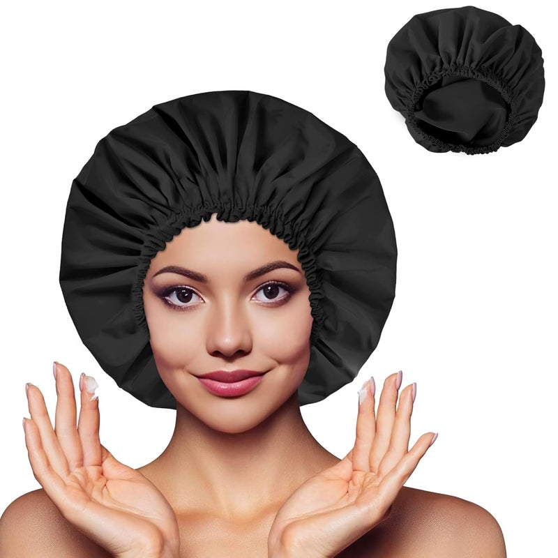 CHFONG Shower Cap for Women, Double Layer Waterproof Bath Cap, Reusable Hair Protector, Large Waterproof Shower Bonnet Washable Elastic Band Bath Hair Hat for Long Hair, Braids，Black - Image 2